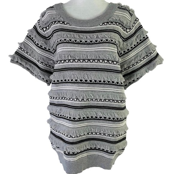 New THML Fringe Knit Striped Short Sleeve Sweater Top Heather Grey Size Large - Picture 1 of 15